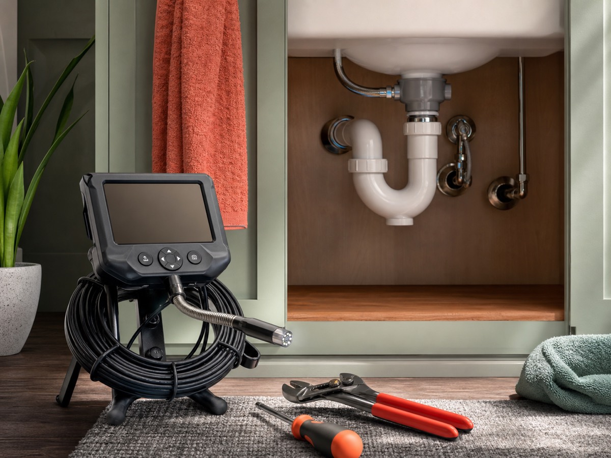Drain camera and plumbing tools beside a clean sink cabinet